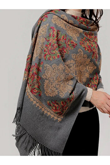 fiore fashion Modal Cashmere Embroidered Shawl Anthracite