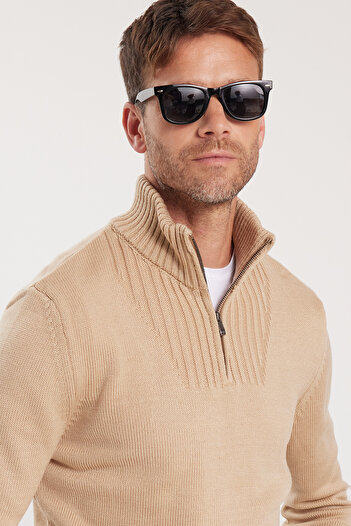 Tudors Men's Slim Fit Slim Fit Dobby Zippered Stone Stand Collar Sweater
