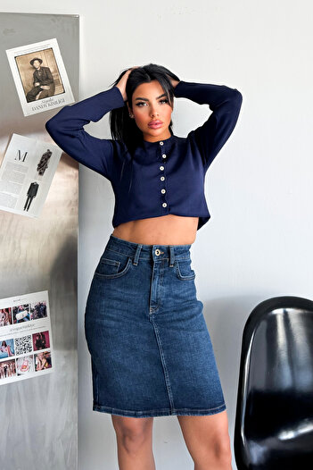 HLT JEANS Темно-синя жіноча джинсова спідниця прямого крою з високою талією середньої довжини ALICE-4006