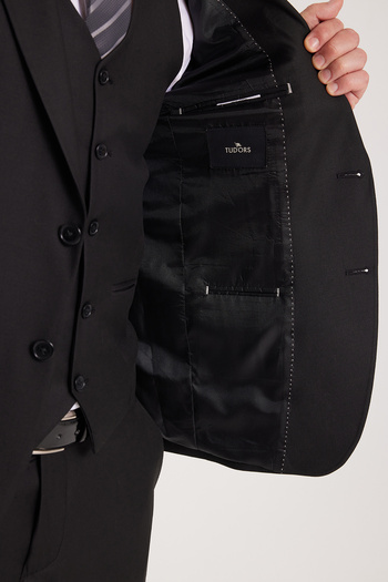 Tudors Erkek Slim Fit Siyah Esnek Likralı Kumaş Sivri Yaka Yelekli Takım Elbise