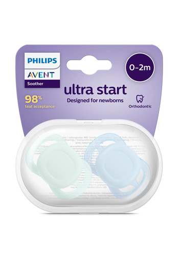 Philips Avent Σουζέτα ultra start PHILIPS AVENT SCF075/02, 0-2 μηνών, ορθοδοντική, 2 τεμ., απλό πράσινο-μπλε