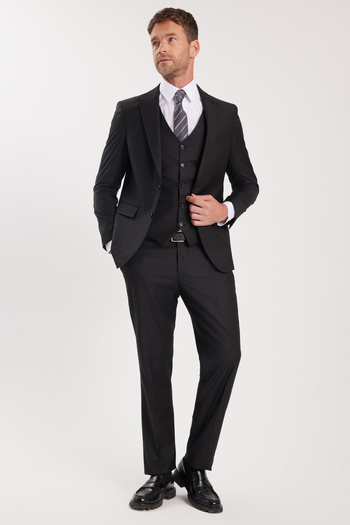 Tudors Erkek Slim Fit Siyah Esnek Likralı Kumaş Sivri Yaka Yelekli Takım Elbise