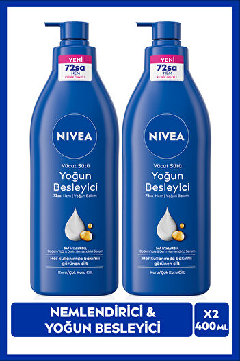 NIVEA Yoğun Besleyici Vücut Sütü 400ml, Çok Kuru Ciltler, Hyaluron, Derin Nemlendirici Vücut Bakım, X2Adet