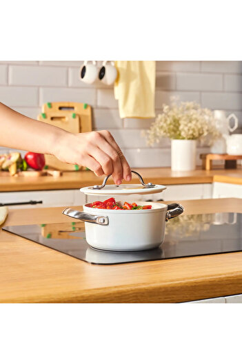 Karaca Swiss Crystal Almond Cream Non-Stick Induction Stainless Steel Handle Casserole & Lid, 14cm, Cream