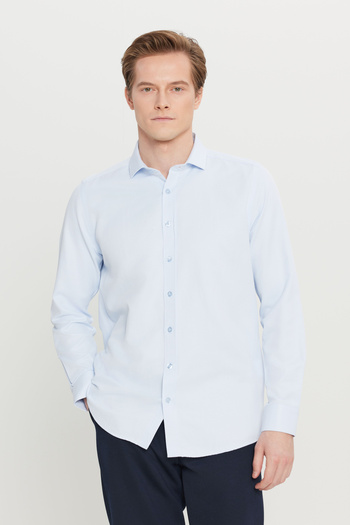 AC&Co / Altınyıldız Classics Erkek Mavi Kolay Ütülenebilir Slim Fit Dar Kesim Italyan Yaka Armürlü Gömlek