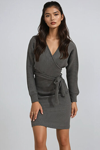 Trend Alaçatı Stili Women's Smoke Grey Double Breasted Collar Bat Sleeve Belted Waist Camisole Dress Alc-X7623