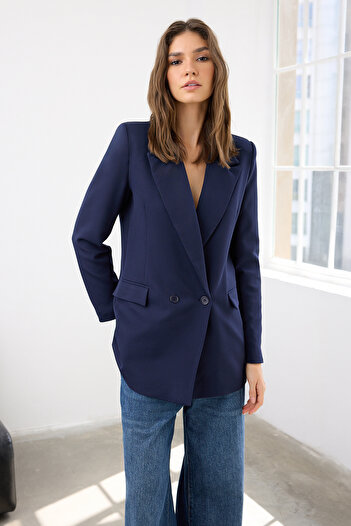 Trendyol Collection Navy Blue Regular Lined Double Breasted Closure Woven Blazer Jacket TWOSS20CE0059