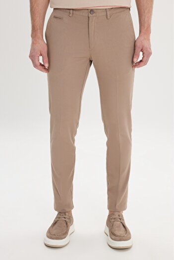 AC&Co / Altınyıldız Classics Μπεζ Slim Fit Πλαϊνές τσέπες Ευέλικτο ανδρικό παντελόνι Dobby