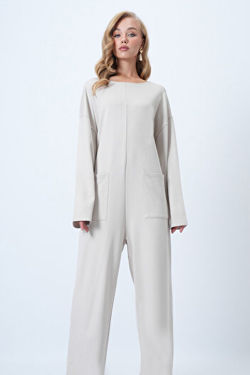 Trend Alaçatı Stili Women's Stone Crew Neck Zippered Back Relaxed Fit Jumpsuit Alc-X14554