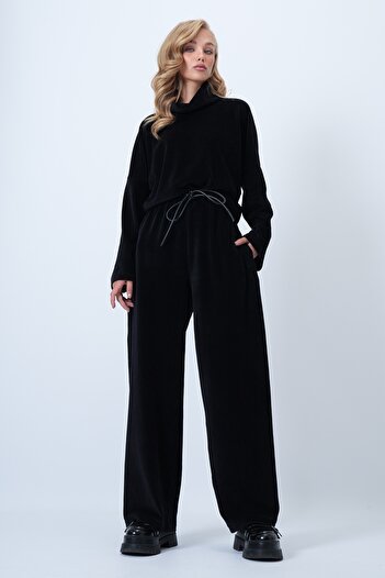 Trend Alaçatı Stili Women's Black Velvet Stand Collar Loose Fit Blouse and Self Tie Pants Set Alc-X14546