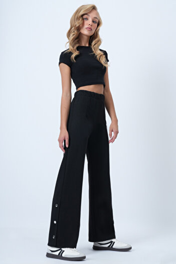 Trend Alaçatı Stili Women's Black High Waist Snap Detailed Knitted Palazzo Pants Alc-X14534