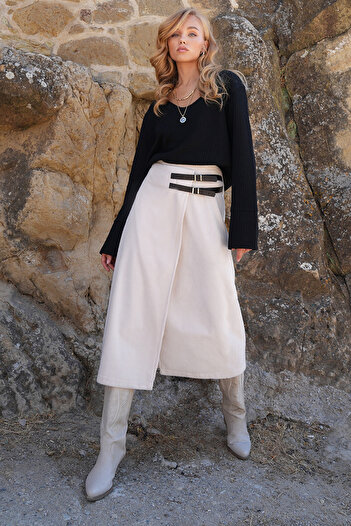 Trend Alaçatı Stili Women's Ecru Leather Belt Accessory Wrap Cut Midi Length Velvet Skirt Alc-X14570