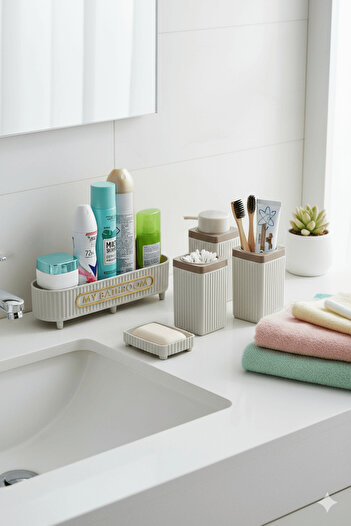 Sas Haus Σετ μπάνιου Lines Series Light Grey, Ακρυλικό Organizer 5 τεμαχίων, Σαπουνάδα, Θήκη οδοντόβουρτσας, Σετ βαμβακιού