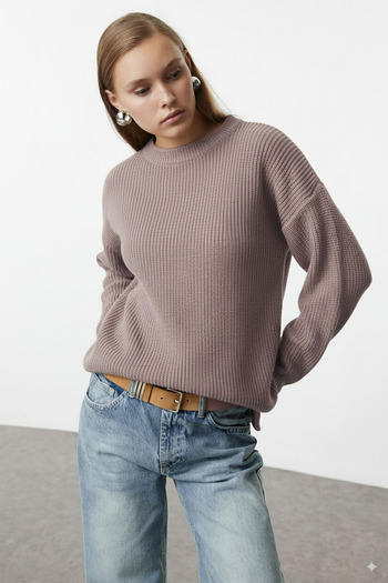 Trendyol Collection Mink Wide Fit Ribbed Soft Textured Knitwear Sweater Twoaw25Kz00342
