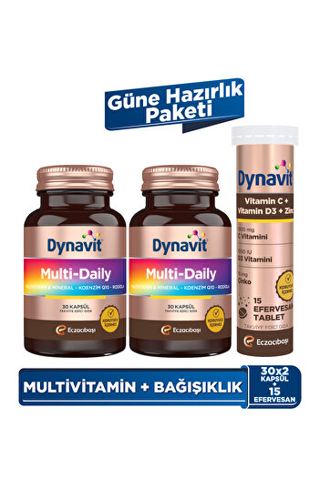Dynavit Multi-Daily 30 Kapsül x2 & Vitamin C Vitamin D3 Çinko 15 Efervesan - Güne Hazırlık Paketi