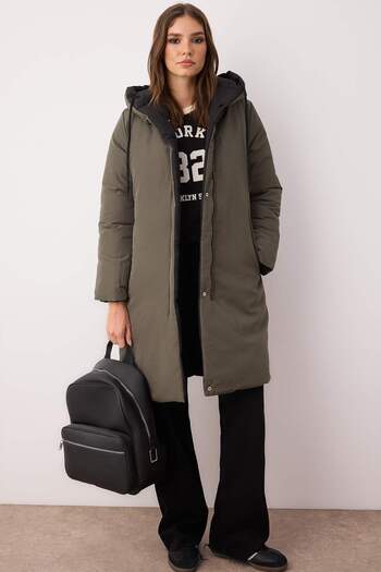 Trendyol Collection Černá-Khaki oboustranná kapuce odpuzující vodu dlouhý kabát Twoaw23Mo00052