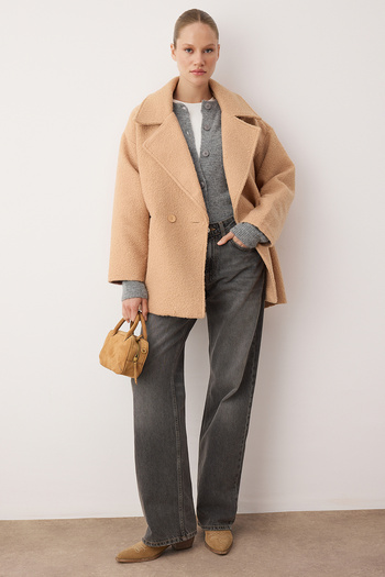 Trendyol Collection Vizon Buklet Kruvaze Oversize Midi Płaszcz TWOAW26KB00070