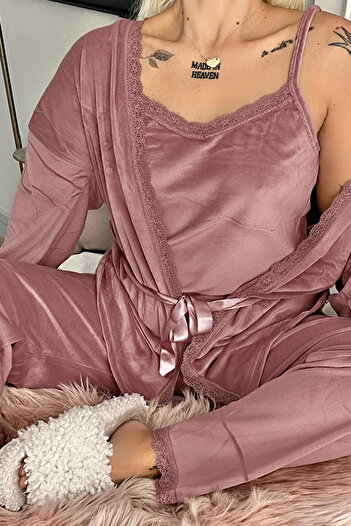Pijamaevi Pudra Pearl Exclusive Kadife Sabahlıklı Kadın Pijama Takımı
