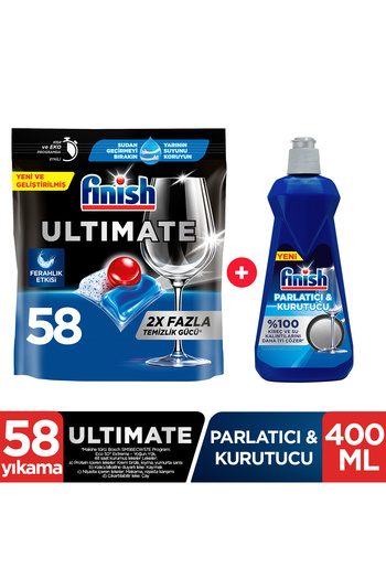 Finish Ultimate Hepsi Bir Arada Bulaşık Makinesi Deterjanı Kapsül Tablet 58 Adet + Parlatıcı Kurutucu 400ml