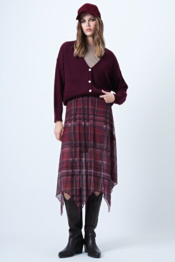Trend Alaçatı Stili Kadın Bordo V Yaka Çift Cepli Triko Hırka ALC-X14636