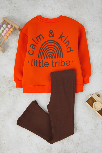 TRENDYOLKIDS Brown Cotton Plain Thick/Inside Fleece Girls Oversize Knitted Bottom - Top Set Tkdaw26Au00020