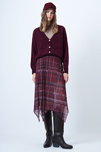 Trend Alaçatı Stili Kadın Bordo V Yaka Çift Cepli Triko Hırka ALC-X14636