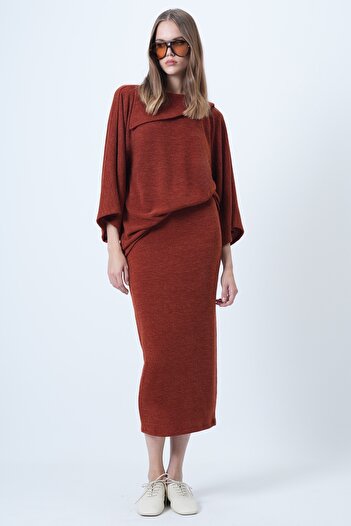 Trend Alaçatı Stili Women's Cinnamon Collar Design Batwing Sleeve Knitwear Blouse and Pencil Skirt Set Alc-X14625