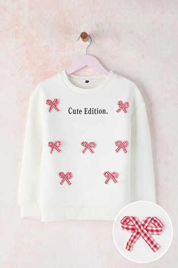 TRENDYOLKIDS Ecru Bowknot Thick/Fleece Inside Girls' Knitted Sweatshirt Tkdaw26Sw00056