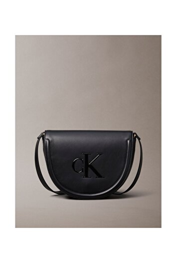 Calvin Klein Women Black Bold Embossed Monogram Logo Saddle Bag