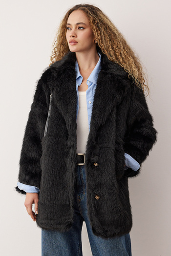 Trendyol Collection Black Fur Mono Closure Oversize Midi Coat Twoaw26Kb00006