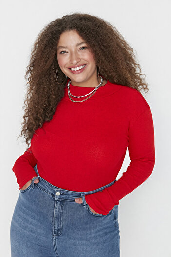 Trendyol Curve Red Stand Collar Bodycone/Fitted Rib Knit Plus Size Blouse Tbbaw23Af00003