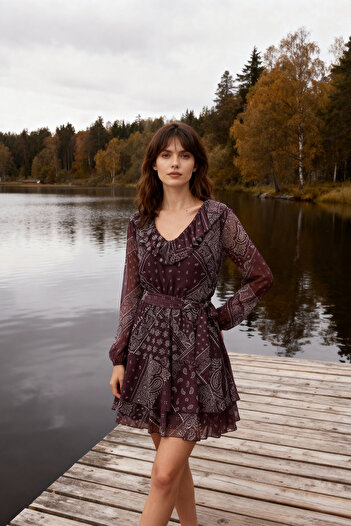 Trendyol Collection Multi-Colored Boho/Boho Chic Printed Ruffle Detail Mini Tulle Stretchy Knitted Dress Twoaw26El00251