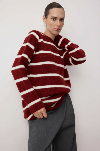 Trendyol Modest Burgundy Striped Furry Knitwear Sweater Tctaw26Ak00004