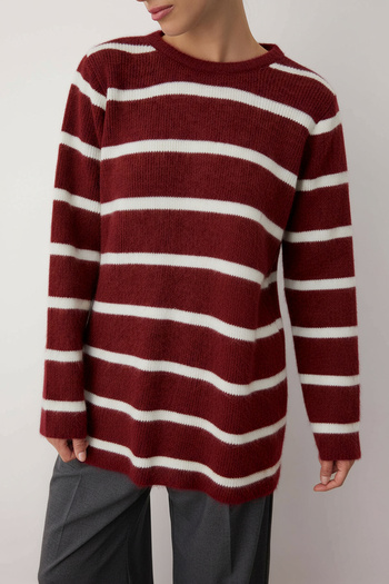 Trendyol Modest Burgundy Striped Furry Knitwear Sweater Tctaw26Ak00004