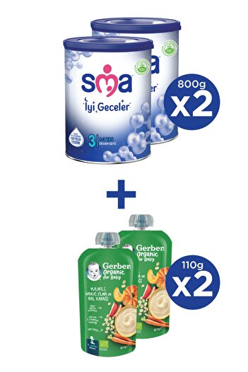 SMA İYİ GECELER 3 1-3 yaş Devam Sütü 2x800g + GERBER ORGANIC Yulaflı, Elma ve Mango Püresi 2x110g