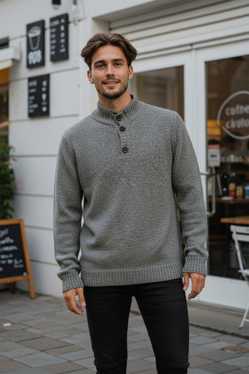 Trendyol Collection Ανθρακί Casual Slim Fit Μάλλινο Πλεκτό Πουλόβερ με μισά κουμπιά ψαρά TMNAW21KZ0394