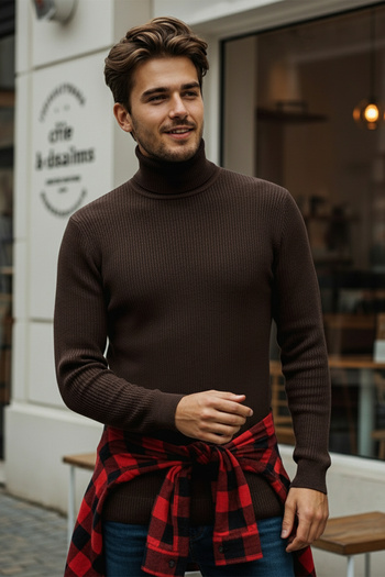 Trendyol Collection Brauner, eng anliegender Rollkragenpullover aus Baumwolle mit Rollkragen TMNAW20MG0031
