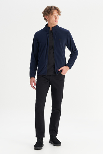 WRANGLER Regular Fit Men's Navy Blue Zippered Fleece Sweatshirt Jacket