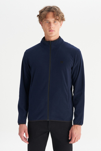 WRANGLER Regular Fit Men's Navy Blue Zippered Fleece Sweatshirt Jacket