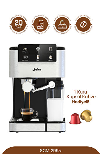 Sinbo Scm‑2995 Kapsüllü & Toz Kahve Espresso Makinesi – 20 bar Basınç, Süt Haznesi, Dokunmatik