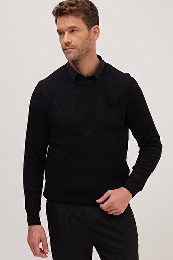 Tudors Men's Standard Fit Regular Cut Crew Neck Honeycomb Patterned Black Knitwear Sweater