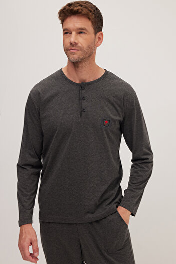 Tudors Men's Standard Fit 100% Cotton Crew Neck Elastic Waist Anthracite Pajama Set