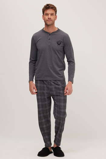 Tudors Men's Regular Fit Cotton Buttoned Collar Elastic Waist Patterned Gray Pajama Set