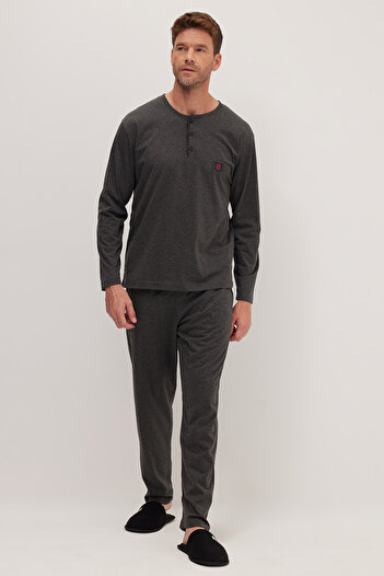 Tudors Men's Standard Fit 100% Cotton Crew Neck Elastic Waist Anthracite Pajama Set