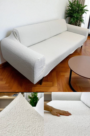 Faiend Plain Jacquard 3-Seater Stone-Grey Sofa Cover |   Elastic Seat Cover | Sofa Bed Cover |   Seat Cover