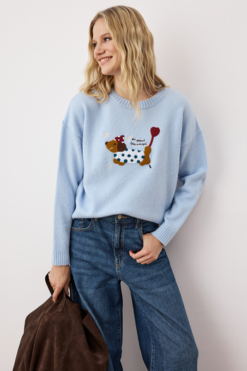 Trendyol Collection Pulover tricotat cu broderie pentru câini, cu textura moale, albastru, TWOAW26KZ00258