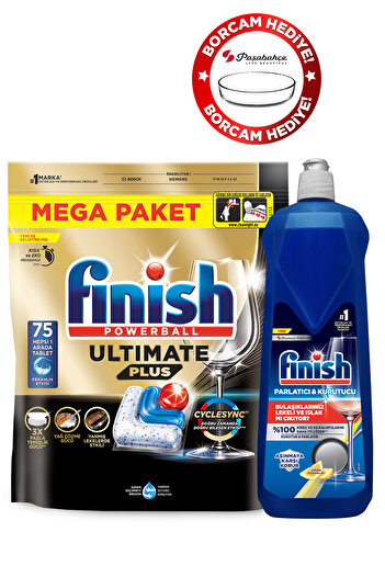 Finish Ultimate Plus Bulaşık Makinesi Deterjanı75 Adet +Parlatıcı & Kurutucu 800 ml  +Borcam Hediye