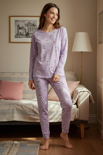 Trendyol Collection Lila szem mintás 100% pamut póló és kocogó hálóruha szett - THMAW22PT0270