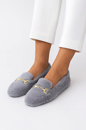 Beyond Women's Gray Buckle Plush Home Slippers Byndvt03