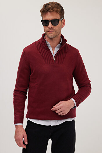 Tudors Men's Slim Fit Slim Fit Dobby Zippered Burgundy Stand Collar Sweater